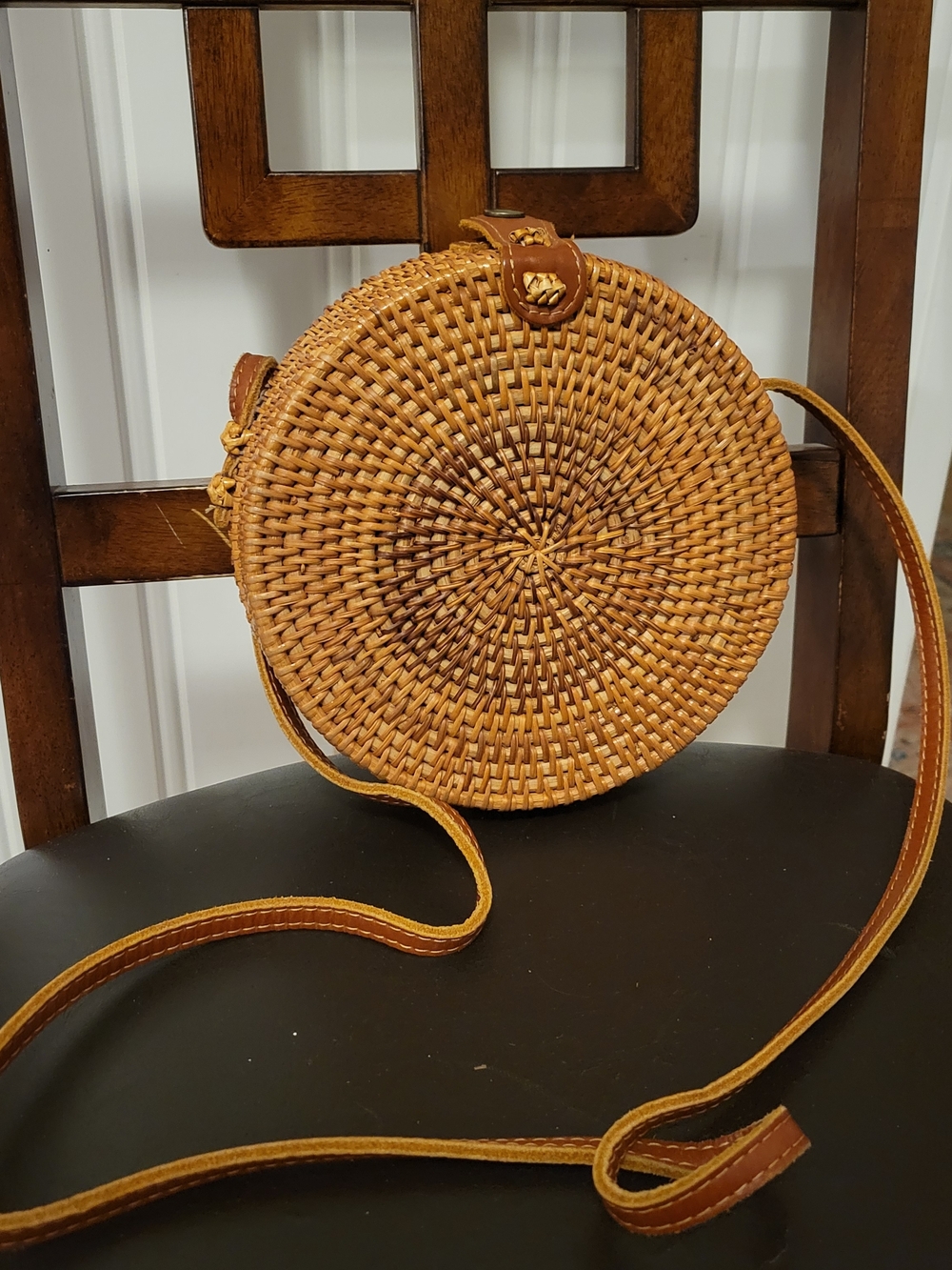 Woven Round Crossbody Bag in Tan/Leather Strap - Picture 2 of 6